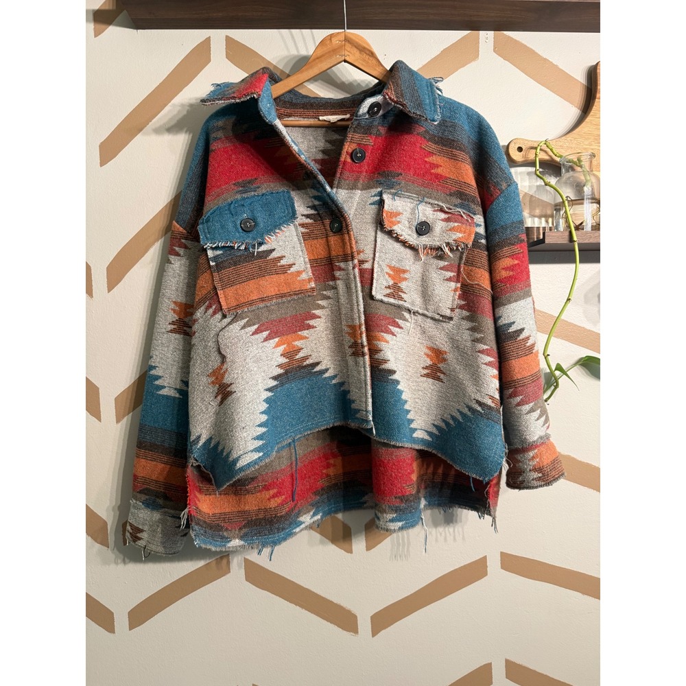 La Miel Shacket Women Small Multicolor Western Distressed Aztec Print JKT1713